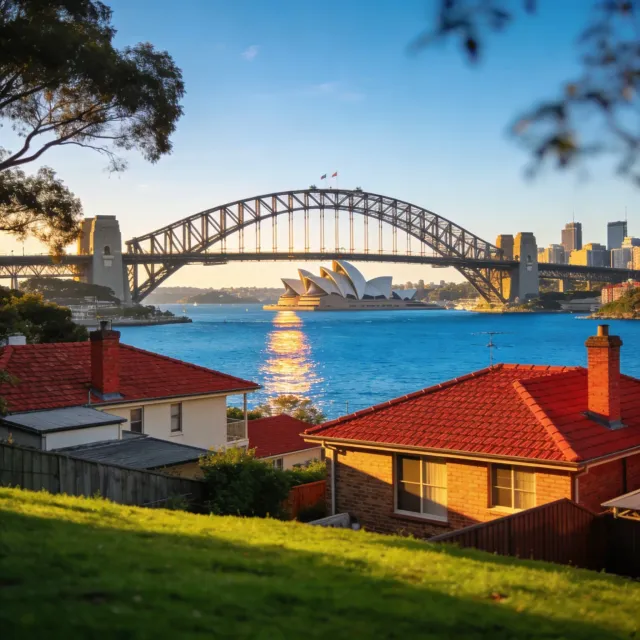 Sydney harbour skyline with a first home buyer reviewing LMI waiver options in New South Wales